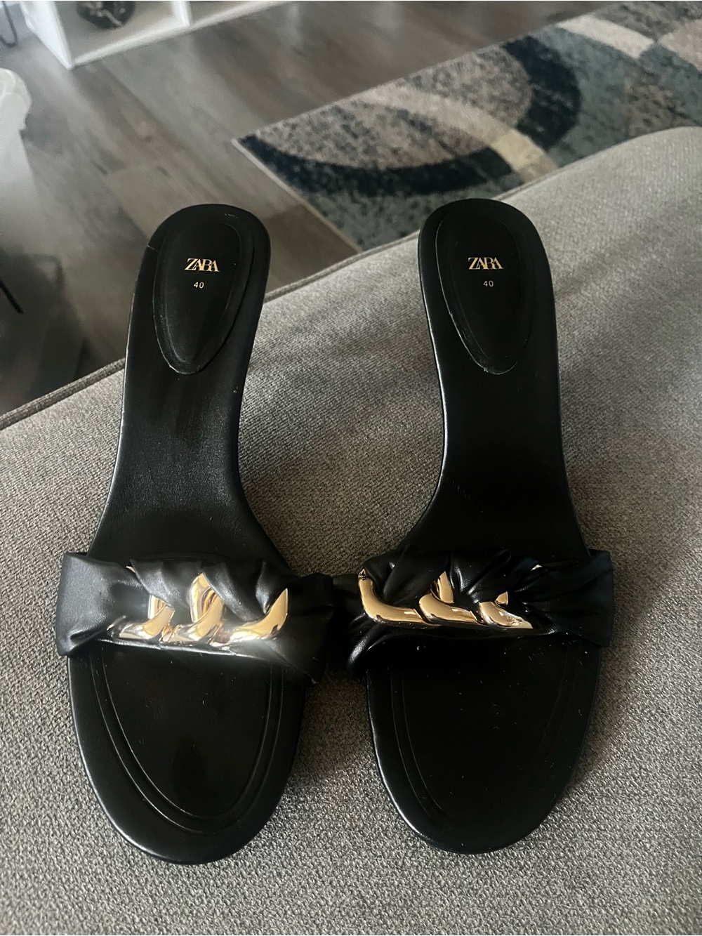 Zara Black Leather Slide Mules with Gold Chain Trim